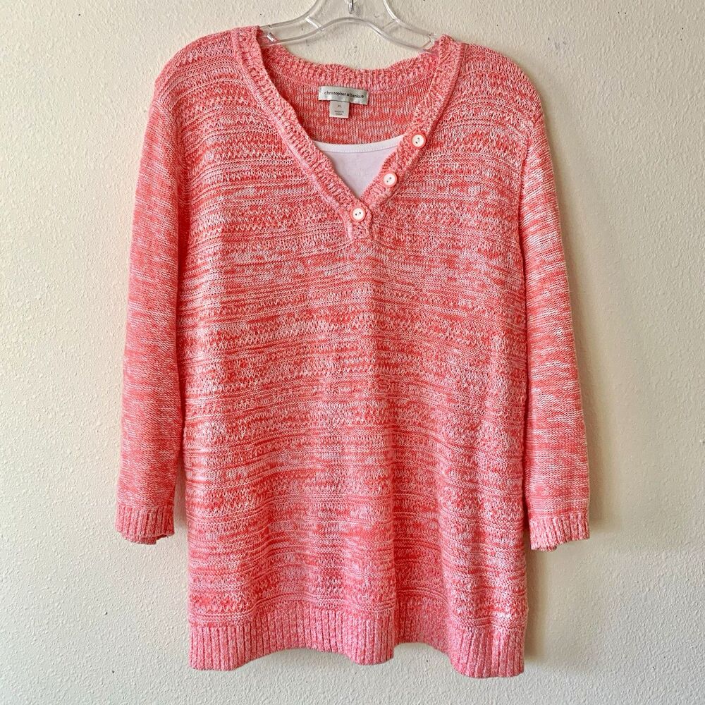 Christopher & Banks Womens Pink Heathered V-Neck Pullover Sweater  3/4 Sleeve XL